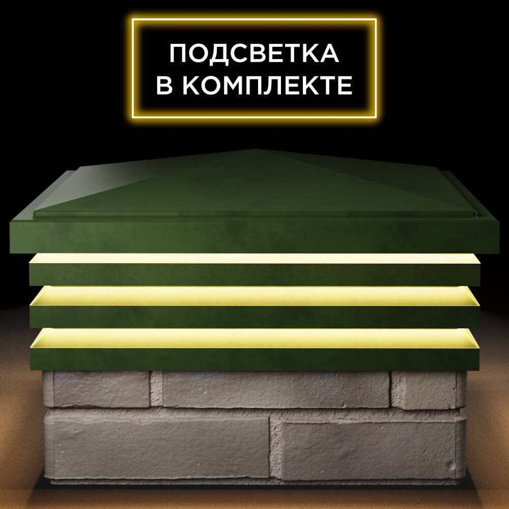 Колпак Zking Бона ХайТек Зеленый на столб 1.5х1.5 кирпича (385х385мм) с подсветкой Волхов фото